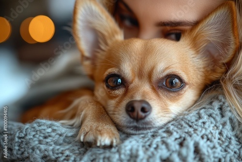Close-up of a woman cuddling her adorable chihuahua dog.