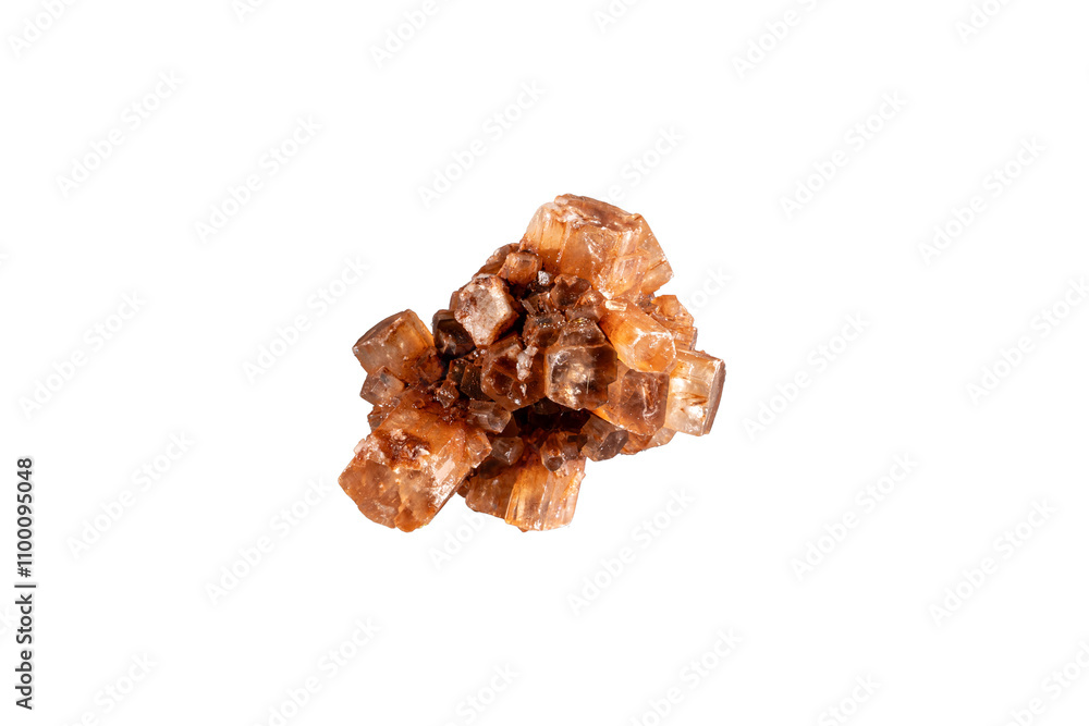 vista macro di un agglomerato di un minerale di aragonite di colore marrone e arancione, scontornata su sfondo trasparente