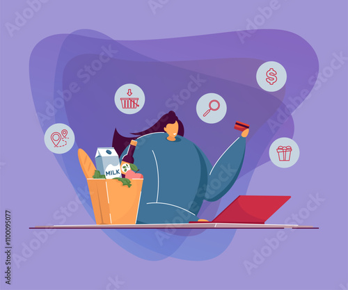 Happy woman with laptop ordering food. Female with credit card in hand shopping online flat vector illustration. Ecommerce, online food delivery concept for banner, website design or landing web page