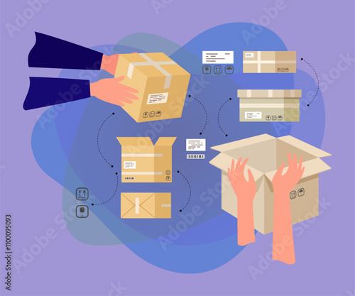 Hands packaging parcel in box vector illustration. Symbols and labels on different sides of cardboard boxes for fast delivery and content safety. Packaging design, parcel shipping concept