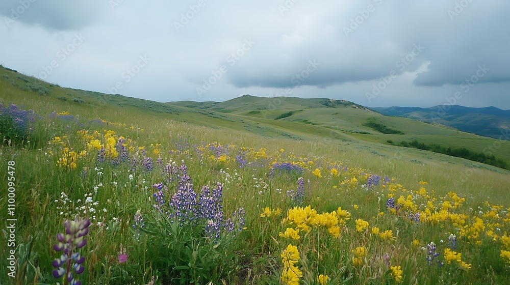 Fototapeta premium Rolling hills covered with wildflowers under a cloudy sky