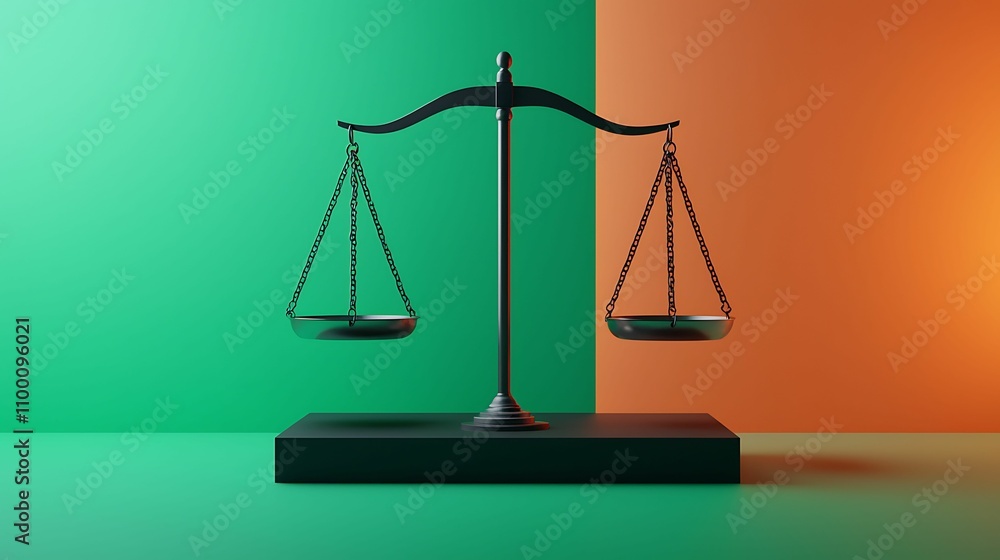 Law restriction review. A balanced scale against a vibrant green and orange background symbolizes justice and fairness. Law restriction review. A balanced scale against a vibrant green and orange background symbolizes justice and fairness.