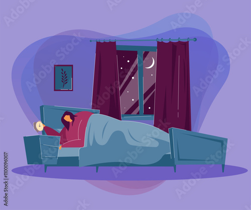 Sad woman with insomnia awake at night. Sleepless female person lying in bed and checking clock flat vector illustration. Insomnia, sleep disorder concept for banner, website design or landing page
