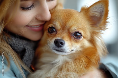 Woman gently cuddling affectionate small longhaired chihuahua dog. photo