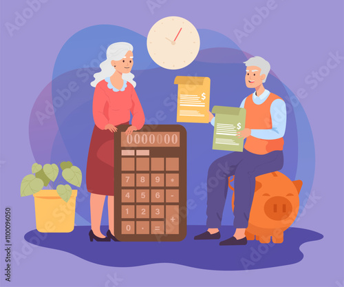 Retirement plan strategy for senior people vector illustration. Happy elders with piggy bank, calculator and contracts managing finances. Financial planning, pension, banking concept