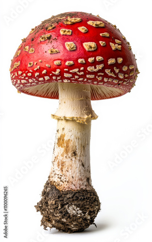 A red mushroom with brown spots sits on a white background. The mushroom is the main focus of the image, and its bright red color stands out against the white background photo