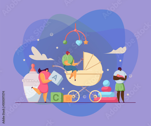 Tiny babysitters or mothers looking after babies. Cartoon female characters with toys, newborn kids flat vector illustration. Babysitting, family concept for banner, website design or landing web page