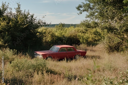 Rustic red car abandoned in a grassy field surrounded by trees in the countryside during daytime photo