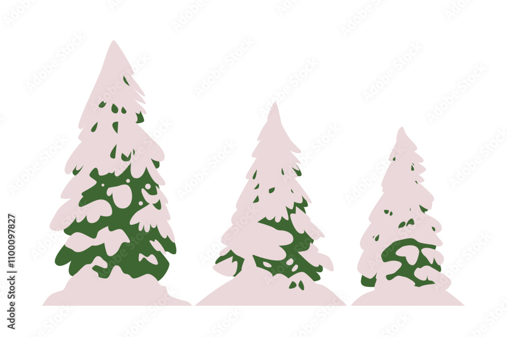 Fototapeta premium Snow-covered pine trees winter landscape green foliage minimal design white background