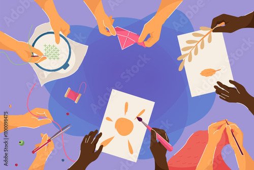 Top view of hands doing different handmade works. Diverse children knitting, sewing, embroidering, scrapbooking making creative craftworks flat vector illustration. DIY, workshop, event concept