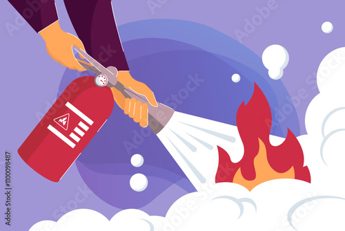 Two hands holding fire extinguisher and putting out fire. Flat vector illustration. Fireman handling flame, emergency situation. Help, safety, fire prevention concept for banner design or landing page