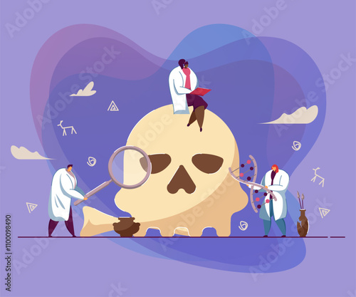 Tiny people studying prehistoric fossils and DNA. Woman sitting on Neanderthal skull flat vector illustration. Anthropology, sociology, museum concept for banner, website design or landing web page