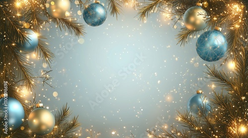 Elegant Christmas Frame with Golden Pine Branches and Blue Ornaments