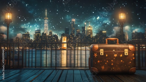 Vintage Suitcase Awaits Night Cityscape Journey photo