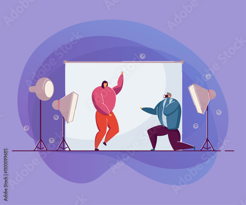 Woman participating in photo session. Flat vector illustration. Girl making pictures with professional photographer in studio. Photography, business, creativity, work concept for banner design