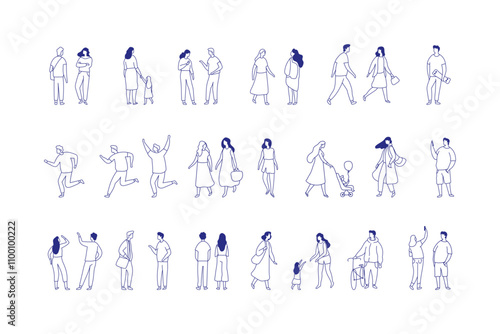 Line Art Different People Stylized Silhouette Big Vector Collection. Male and Female Outline Characters figure Isolated on white background.	