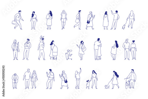 Line Art Different People Stylized Silhouette Big Vector Collection. Male and Female Outline Characters figure Isolated on white background.	