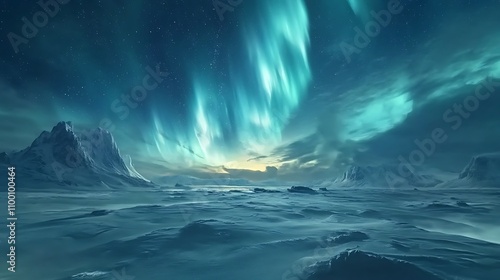 Aurora borealis glowing above a snowy tundra