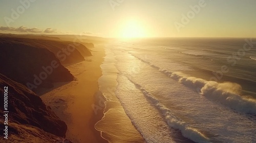 Serene Beach with Waves and Dramatic Lighting at Sunset photo