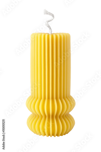 One honey candle with beautiful texture made of natural beeswax yellow color isolated on white background, interior decoration, aroma product