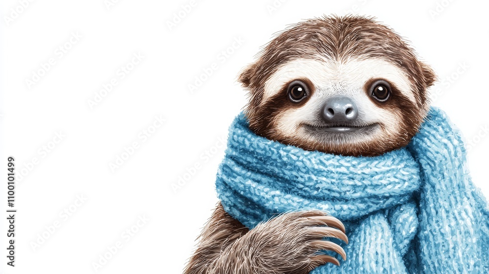 Fototapeta premium Cute Sloth with Blue Scarf Watercolor Sticker Art