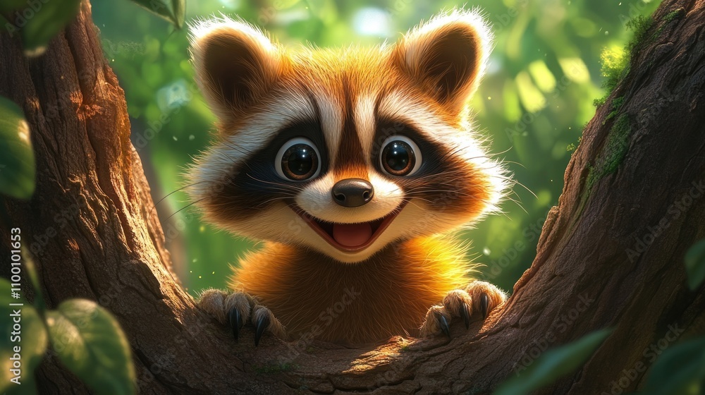Fototapeta premium A cute cartoon raccoon peeking from a tree with a joyful expression in a lush forest setting.