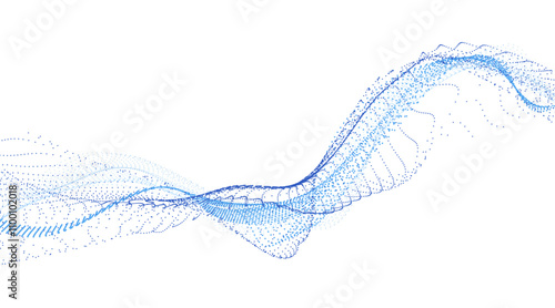 Wave of many lines flowing particles, abstract dotted wavy stripes blue gradient, vector curvy dynamic sound dots stream
