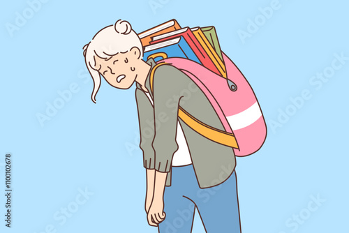 Tired teenage girl with heavy school backpack behind back suffers from overly complex education