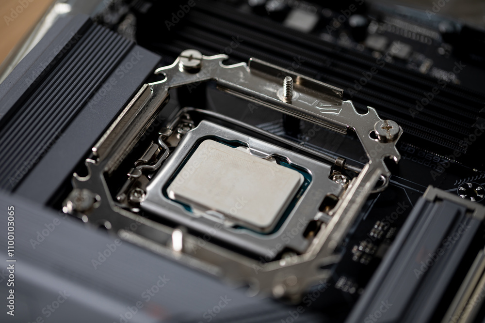 Fototapeta premium Detailed closeup view of the CPU Socket located on a highperformance Motherboard