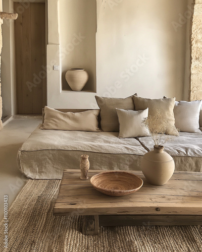 Minimalist interior design of modern living room, beige and white tones