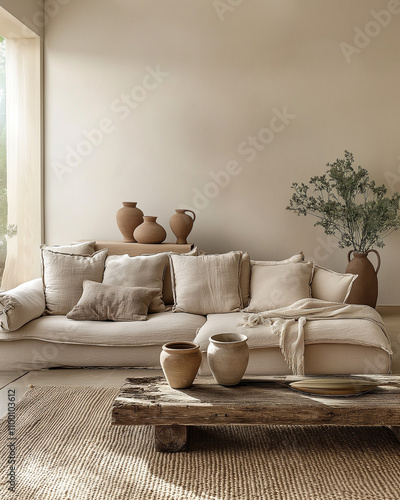 Minimalist interior design of modern living room, beige and white tones