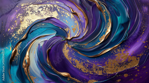 4K abstract art piece, dynamic swirling, shades of purple, blue, and gold. Textured accents, flowing motion. Background, digital ressource