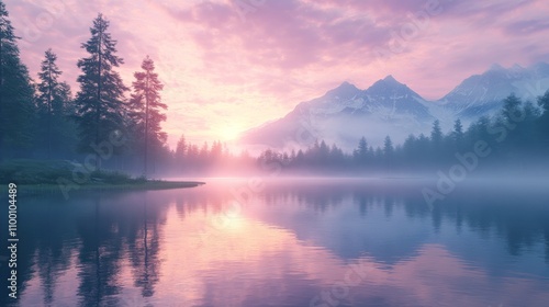 Serene Sunset Over Misty Lake And Mountain Range