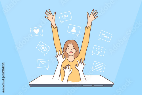 Problem digital addiction in woman drowning in smartphone screen due to passion for social networks
