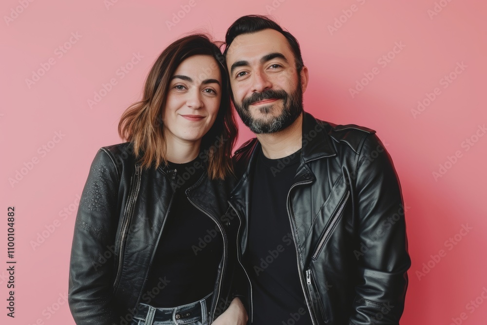 Fototapeta premium Portrait of a content couple in their 30s sporting a classic leather jacket in front of solid color backdrop