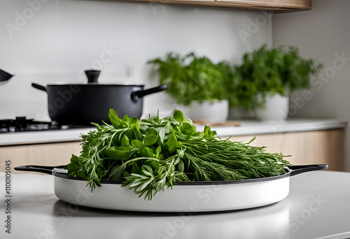 modern kitchen with fresh herbs in a white planter photo