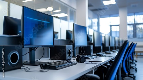 A modern computer lab with multiple workstations, monitors, and audio equipment for educational or professional use.