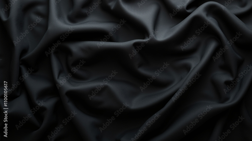 Fototapeta premium An abstract background featuring dark, black fabric with visible, intricate stitching patterns. The fabric’s folds and seams create a textured, layered effect.