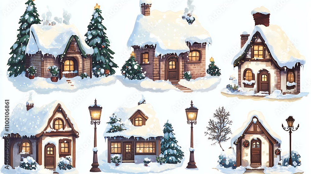 Obraz premium 13. A set of clipart Christmas village elements including small houses, street lamps, and trees covered in snow