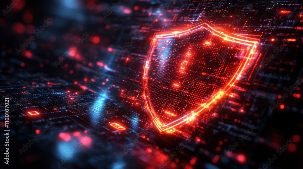 Obraz premium Digital shield symbolizing cybersecurity amidst a futuristic data environment.