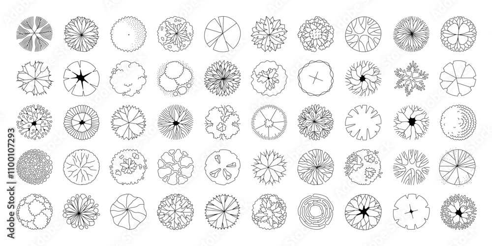Collection of tree illustrations from above. Circular Outline Style symbols for maps, architectural designs, decorations. Full Vector Set