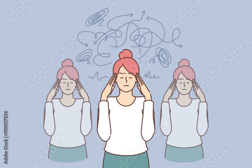 Embarrassed woman feels chaos in thoughts and grabs head with hand, trying to come to senses