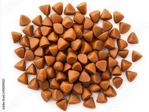 Concept many salmon triangular piramidal silhouette pellets kibble cat food . plain white background, Isolated. photo