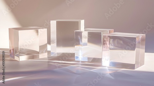 A collection of clear geometric blocks reflecting light, creating interesting shadows and highlights.