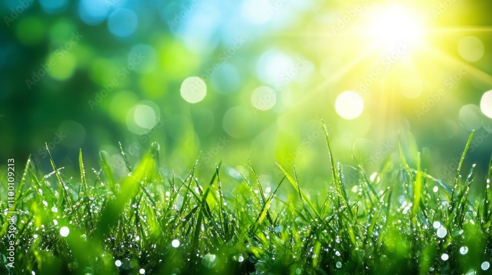 Obraz premium Dew Covered Grass in Bright Sunlight and Green Background