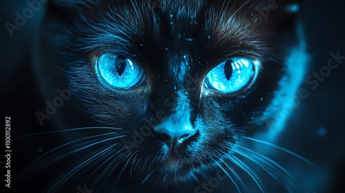 A vibrant neoncolored black cat with glowing blue eyes, soft fur texture, magical ambiance, dark background with subtle sparkles photo