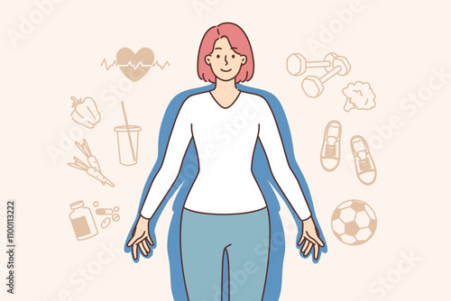 Weight loss results for fat woman getting, standing among symbols of healthy lifestyle