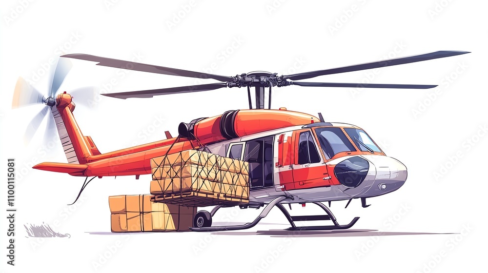 Fototapeta premium freight helicopter with external cargo nets holding supplies illustrations isolated white background