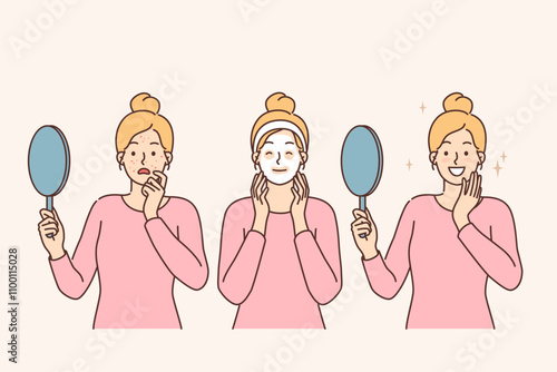 Woman uses cosmetic mask to moisturize skin and get rid of acne, holds mirror in hands