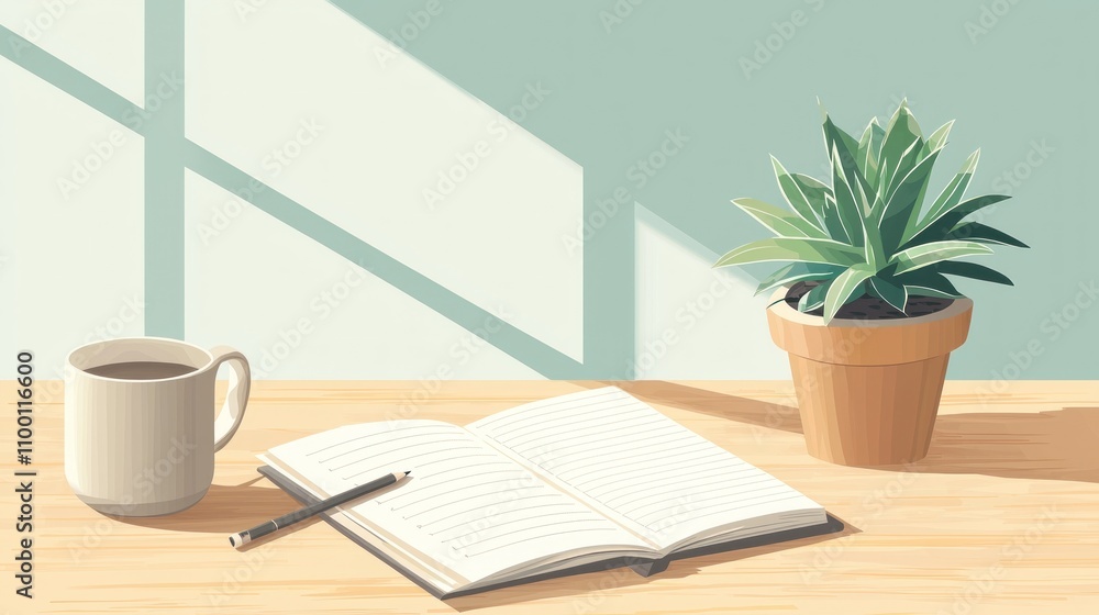 Fototapeta premium Cozy Workspace with Open Notebook, Pencil, Coffee Mug, and Potted Plant Captured in Soft Natural Light with Playful Shadows on Wooden Desk